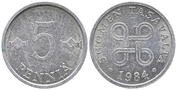 ФИНЛЯНДИЯ 5 ПЕННИ 1984 KM 45а алюминий 100-965