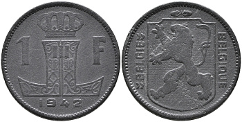 БЕЛЬГИЯ 1 ФРАНК 1942 BELGIE-BELGIQUE, ГЕРМАНСКАЯ ОККУПАЦИЯ, ВТОРАЯ МИРОВАЯ ВОЙНА KM 128 цинк 4388-1016