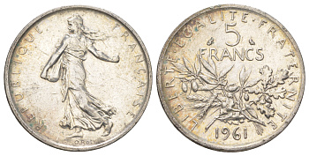 Франция 5 франков 1961 KM 926 серебро 4622-1135