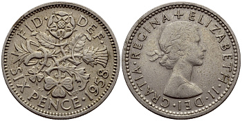 Великобритания 6 пенсов 1958 Елизавета II (1952-2022) KM 903, Spink 4149 медно-никель 75-965