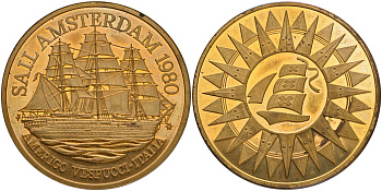 НИДЕРЛАНДЫ МЕДАЛЬ 1980 ПАРАД КОРАБЛЕЙ В АМСТЕРДАМЕ, АМЕРИГО ВЕСПУЧЧИ - ИТАЛИЯ, ПАРУСНИК диаметр 50 мм PROOF 00-00