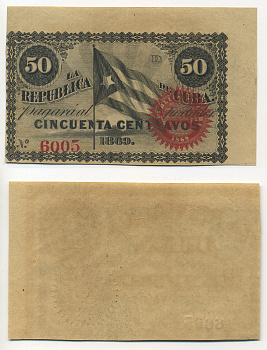 КУБА 50 СЕНТАВО 1869 РЕВОЛЮЦИЯ 1868-1876 Pick 54 бумага UNC (ПРЕСС) 448-32-4-1