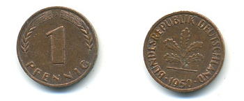 ФРГ 1 ПФЕННИГ 1950 J KM 105, J 380 сталь плакированная медью 80-757
