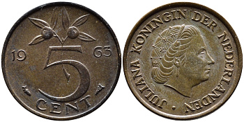 НИДЕРЛАНДЫ 5 ЦЕНТОВ 1963 ЮЛИАНА KM 181 бронза 4391-1245