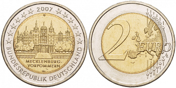 ФРГ 2 евро 2007 G, серия федеральные земли, Мекленбург-Передняя Померания, Шверинский замок KM 260 биметалл UNC 00-00