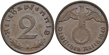 Германия 2 рейхспфеннига 1940 A KM 90, J. 362 бронза 4151-157