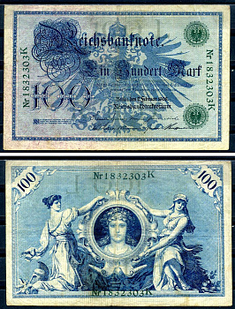 Германия 100 марок 1908 7 февраля 1908, выпуск конец 1916 - ноябрь 1918, зеленая печать Pick 34 бумага 8619-33-1-1