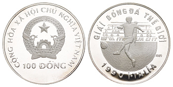 Вьетнам 100 донгов 1989 Чемпионат Мира по футболу 1990 KM 30 серебро PROOF 1083-2-54
