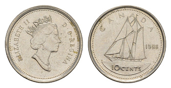 Канада 10 центов 1998 Елизавета II (1952-2022), парусник KM 183 никель 4630-848