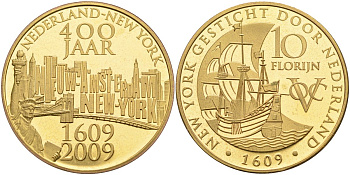 Нидерланды медаль, 10 флоринов 2009 Восточно-Индийская компания, 400 лет открытия Нью- Йорка, диаметр 35 мм., позолота бронза PROOFLIKE 4558-832