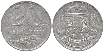Латвия 20 сантимов 1922 первая Республика (1918-1939) KM 5 никель 28-1213
