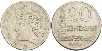 Бразилия 20 сентаво 1967 голова Свободы влево KM 579.1, Schon 84 медно-никель 4529-412