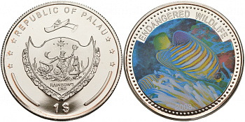 Палау 1 доллар 2008 серия вымирающие виды, рыба королевский ангел, цветная эмаль KM 166 медно-никель PROOF M39-3