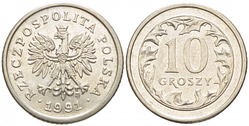 ПОЛЬША 10 ГРОШЕЙ 1991 MW KM 279 медно-никель 112-1234