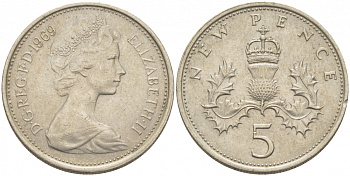 Великобритания 5 пенсов 1969 Елизавета II (1952-2022) KM 911, Spink 4233 (D1) медно-никель 175-1036