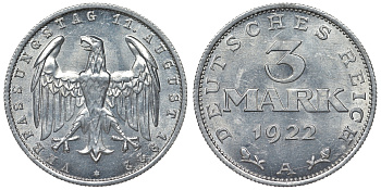 Германия 3 марки 1922 A, третья годовщина Веймарской Конституции KM 29, J. 303 алюминий 4123-223