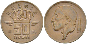 БЕЛЬГИЯ 50 САНТИМОВ 1965 BELGIE, БОДУЭН I (1951-1993) KM 149.1 бронза 206-145