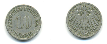 ГЕРМАНИЯ 10 ПФЕННИГОВ 1899 A KM 12, J. 13 медно-никель 83-144