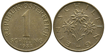 Австрия 1 шиллинг 1984 KM 2886 алюминиевая бронза 36-1217