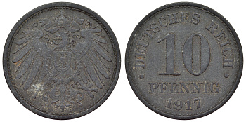 Германия 10 пфеннигов 1917 KM 26, J. 299, Weege 8 цинк 4119-415