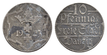 Данциг 10 пфеннигов 1923 KM 143 медно-никель 4643-923