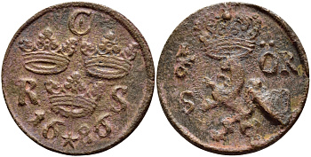 Швеция 1/6 эре 1686 Карл XI (1660-1697) KM 254 медь 4395-1111