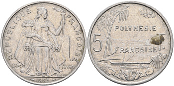 Французская Полинезия 5 франков 1993 KM 12 алюминий 4131-934