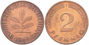 ФРГ 2 ПФЕННИГА 1969 F KM 106a, J.381a сталь плакированная сталь плакированная медьюю 3718-367