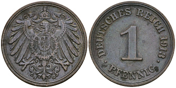 Германия 1 пфенниг 1913 G, Вильгельм II (1888-1918) KM 10, J. 10 медь 4608-243