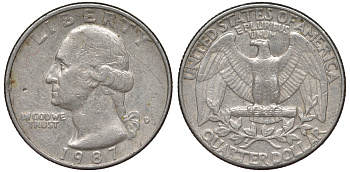 США 25 центов = квотер 1987 D, Вашингтон KM A164a медь плакированная медно-никелем 4543-621