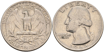 США 25 центов (квотер) 1966 Вашингтон KM 164а медь плакированная медно-никелем 4575-132