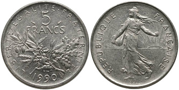 ФРАНЦИЯ 5 ФРАНКОВ 1990 СЕЯТЕЛЬ KM 926а.1 медно-никель плакированный никелем 111-422