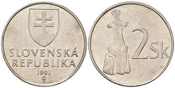 Словакия 2 кроны 1993 MK KM 13 сталь плакировнная никелем aUNC 4586-1211