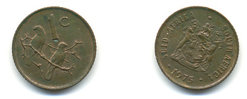 ЮАР 1 ЦЕНТ 1975 ГЕРБ, КАПСКИЕ ВОРОБЬИ KM 82 бронза 86-1227