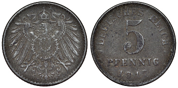 Германия 5 пфеннигов 1917 D KM 19, J. 297, Weege 5 железо 4118-1241