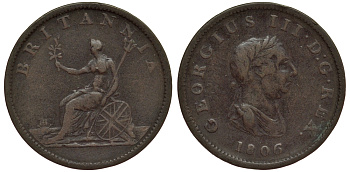 Великобритания 1/2 пенни 1806 Георг III (1760-1820) KM 662, Spink 3781 медь 4111-511