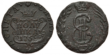 Россия, сибирская монета полушка 1768 КМ (Сузунский монетный двор), Екатерина II (1762-1796), вес 1,58 г KM 1, Биткин 1210 R медь 00-813-78