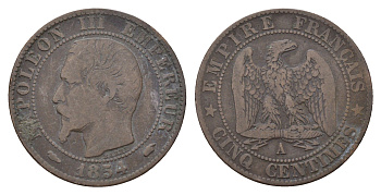 Франция 5 сантимов 1854 A, Наполеон III (1852-1870) KM 777.1 бронза 36-344
