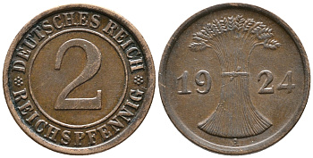 ГЕРМАНИЯ 2 РЕЙХСПФЕННИГА 1924 A KM 38, J. 314 бронза 24-721