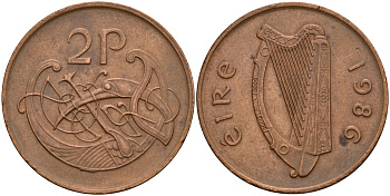 Ирландия 2 пенсов 1986 Виньетка в виде стилизованной птицы из второй библии Карла II Лысого KM 21 бронза 4140-311
