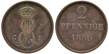 Ганновер 2 пфеннига 1850 B, Эрнст Август (1837-1851) KM 202.1, AKS 124, J. 75 медь 75-1936