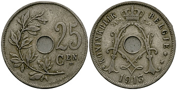 Бельгия 25 сантимов 1913 Belgie KM 69 медно-никель 4165-733