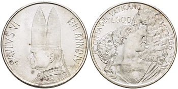 Ватикан 500 лир 1966 IV год, Иоанн XXIII (1958-1963), пастух с овечкой на плечах KM 91 серебро    4512-815