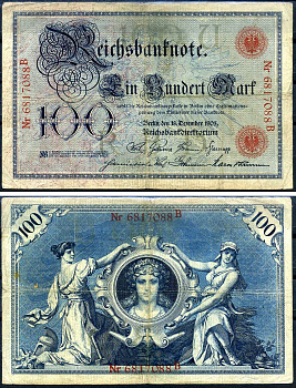 Германия 100 марок 1908 7 февраля 1908, номер 29 мм, серия U, буква B, выпуск конец 1916 - ноябрь 1918, красная печать Pick 33 бумага 8619-27-2-1