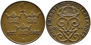 Швеция 1 эре 1934 Густав V (1907-1950) KM 777.2 бронза 4387-1213
