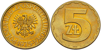 ПОЛЬША 5 ЗЛОТЫХ 1975 ЛЕНИНГРАДСКИЙ МОНДВОР KM 81.1 латунь UNC 89-417