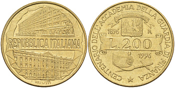Италия 200 лир 1996 R, 100 лет Академии таможенной службы KM 184 алюминиевая бронза 4126-124