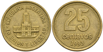 Аргентина 25 сентаво 1993 ратуша Буэнос-Айреса KM 110, CJ 4.2.1, Schon 111 алюминиевая бронза    60-437