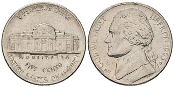 США 5 центов 1993 P, Томас Джефферсон KM A192 медно-никель aUNC 216-455