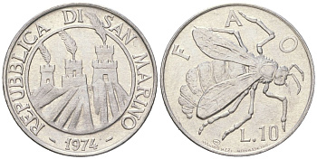 Сан-Марино 10 лир 1974 ФАО, пчела KM 33 алюминий aUNC 4119-315